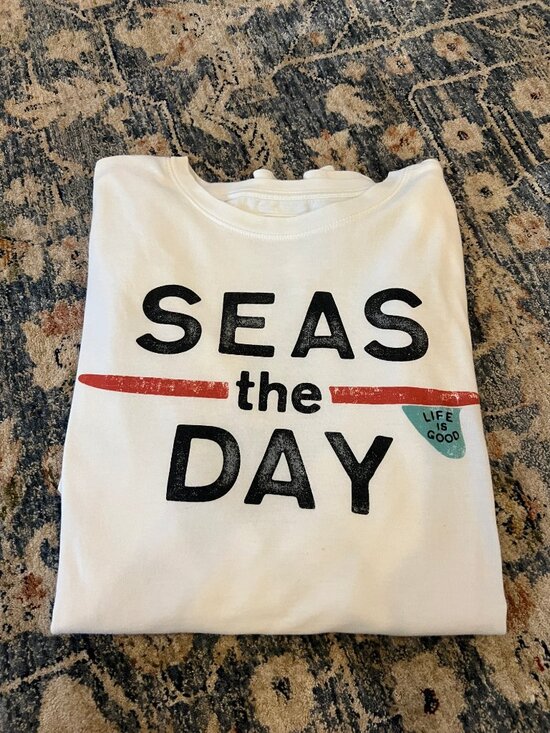 Life Is Good Other - Life Is Good Seas the Day Unisex Graphic Tee - White with Red & Teal Surfboard